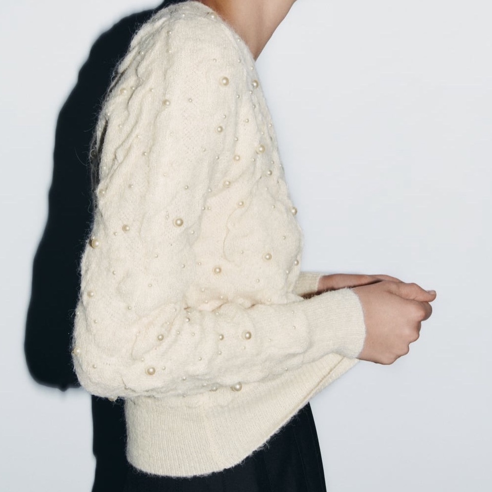 Zara PEARL TEXTURED KNIT CARDIGAN | COLOR: ECRU | SIZE: M | BRAND NEW - Picture 5 of 9